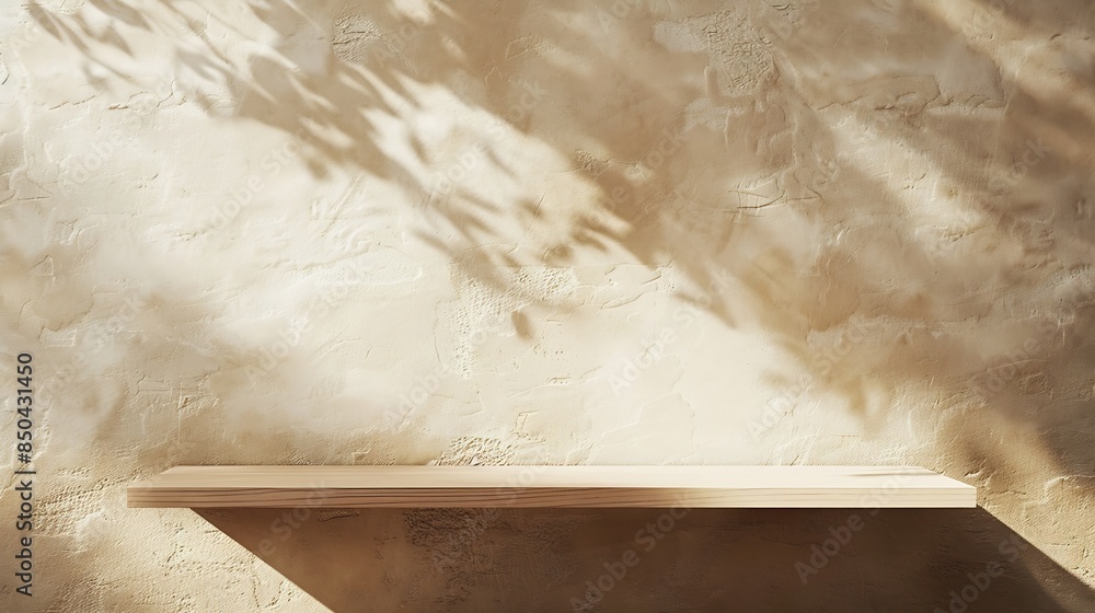 Poster empty shelf on a beige textured plaster wall background with aesthetic floral sun light shadows prod