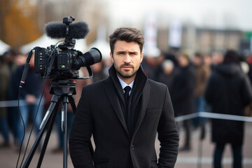 Professional reporter journalist in front of camera making breaking news reportage Generative AI picture