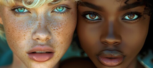 Portrait of two beautiful blonde women posing happily together in beige and silver tones