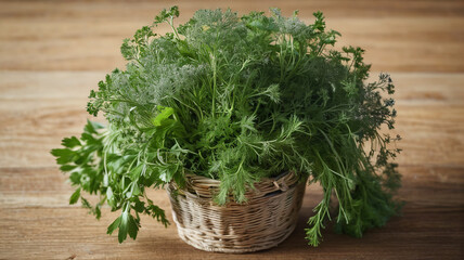 Fototapeta premium A fresh herb bouquet featuring oregano, cilantro, and dill, tied together with twine and ready for culinary use, Generative AI
