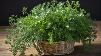 A fresh herb bouquet featuring oregano, cilantro, and dill, tied together with twine and ready for culinary use, Generative AI