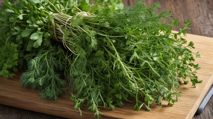 A fresh herb bouquet featuring oregano, cilantro, and dill, tied together with twine and ready for culinary use, Generative AI