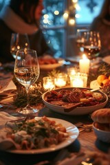 Naklejka premium A table set with plates of food and glasses of wine, suitable for breakfast or dinner