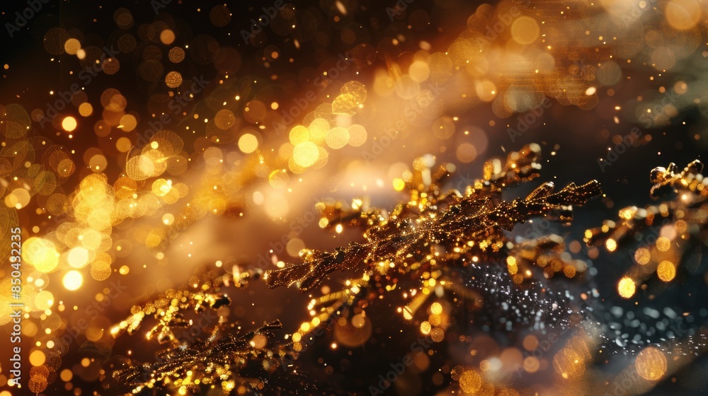 Poster a close-up shot of a tree branch with string lights in the background, perfect for festive or holida