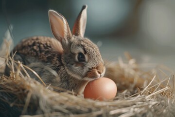 Naklejka premium A small rabbit sits in a cozy nest with an egg, ready for new life