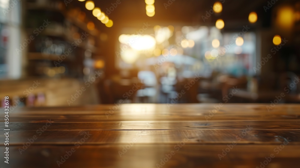 Poster empty coffee table over defocused coffee shop background with copy space : generative ai