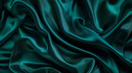 Fototapeta premium Dark teal green silk satin Shiny smooth fabric Soft folds Luxury background with space for design web banner Flat lay top view table Birthday Christmas Valentine New year : Generative AI