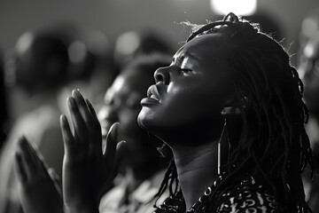 a group of black people worshipping, praising, in the church, hand up, praying and singing, black and white