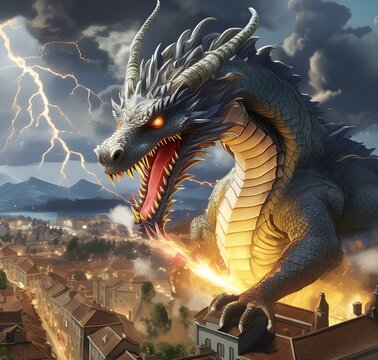 Angriff einer Drache im Mitelalter
