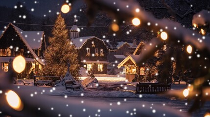 Obraz premium Picturesque snowy village scene at night, illuminated by warm, glowing lights. Charming cottages with snow-covered roofs, decorated with twinkling Christmas lights. A large, decorated Christmas tree 