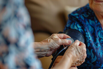 Nurse hospital health services, smiling nurse caring for the aged granny grandpa, Generative AI picture