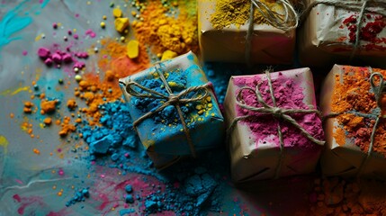 Colorful gift boxes with vibrant powder on top, perfect for celebrations and special occasions.