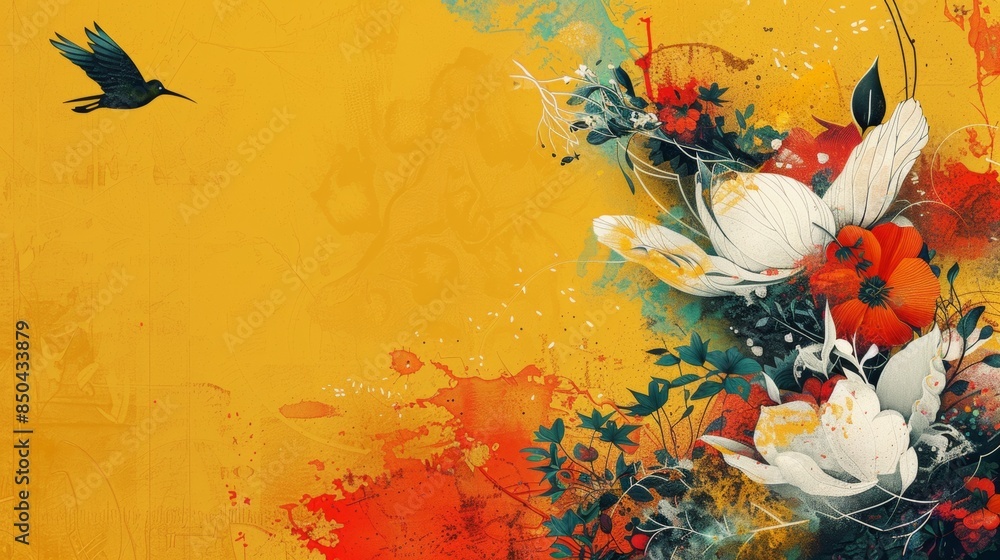 Aufkleber digital composition featuring abstract patterns inspired by natural forms against a backdrop of yell
