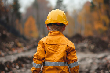 AI generated image of little cute child builder wearing helmet and costume like an adult