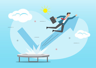 An illustration of Businessman jump bouncing high on trampoline with performance arrow graph. Profit and achievement concept.