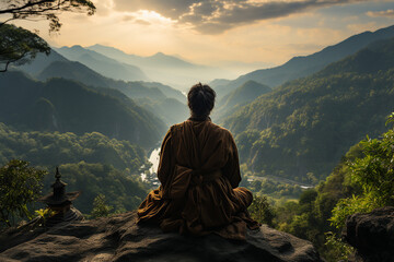 Fototapeta premium AI generated image of man practicing mindfulness and meditation or yoga in a peaceful natural environment