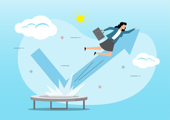 An illustration of Businesswoman jump bouncing high on trampoline with performance arrow graph. Profit and achievement concept.