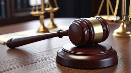 Obraz premium A close-up view of a judge's gavel, highlighting its intricate design and the weight of legal decision-making, Generative AI