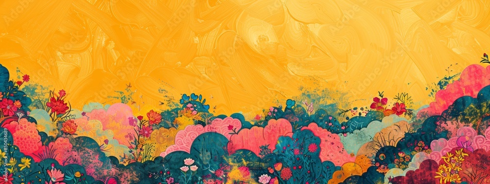 Poster digital composition featuring abstract patterns inspired by natural forms against a backdrop of yell