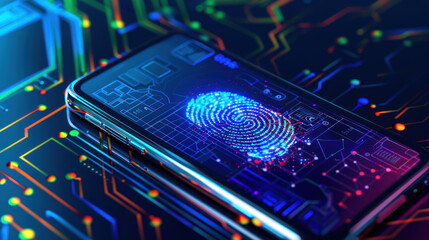 Fingerprint smartphone screen. Biometric identification technology. Scanning provides access, privacy and protection. System key unlocking phone, smart safety in cyber.
