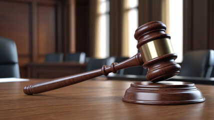 A wooden gavel resting on a desk in a courtroom, representing the solemnity and gravity of legal proceedings, Generative AI