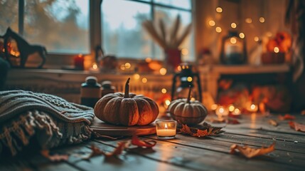 Cozy autumn decor featuring a wooden table with pumpkins and candles, perfect for fall gatherings or harvest-themed events