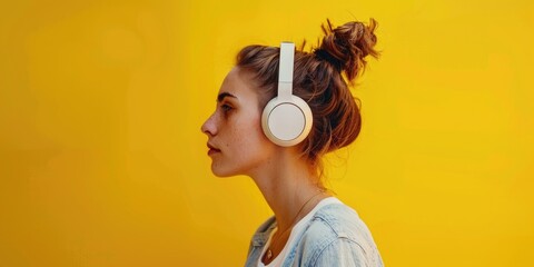 Fototapeta premium Woman wearing headphones against a bright yellow background