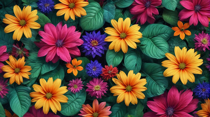 Fototapeta premium A lush floral pattern adorned with vivid flowers and lush leaves, creating a vibrant and captivating design, Generative AI