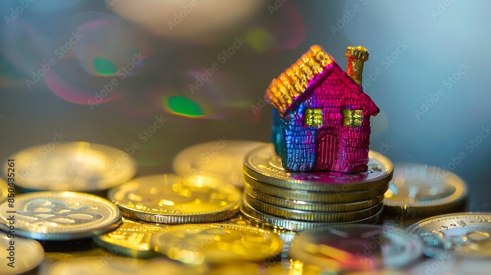 Aufkleber miniature colorful house on stack coins using as property and financial concept : generative ai