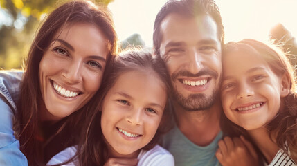 Fototapeta premium Portrait of happy family looking at camera in the park at sunset. Joyful couple with their laughing child, embracing the warm sunlight, bonding in togetherness, capturing love and happiness.