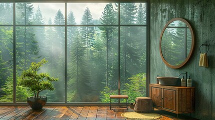 Rustic Bathroom with Wooden Vanity and Green Plants in Natural Light