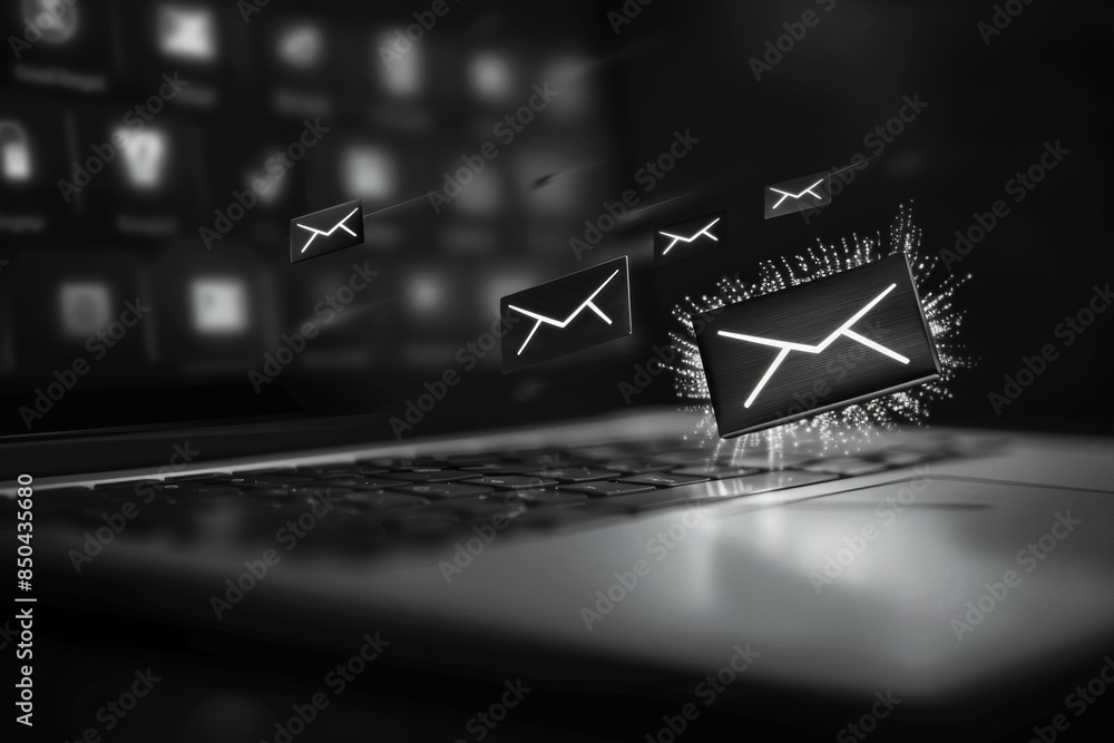 Poster elegant envelope on laptop keyboard with trail of smaller envelopes for a stylish presentation