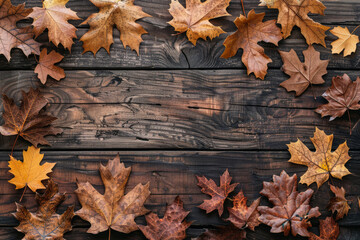 Obraz premium Wooden Background with autumn leaves. Natural rustic design. Top View with Copy Space