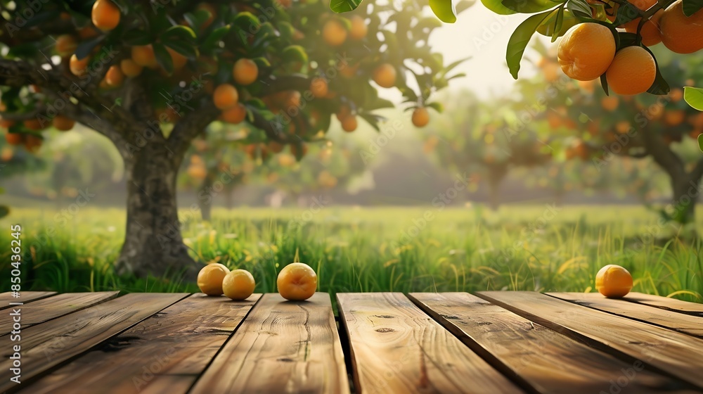Poster tree table wood podium in farm display for food perfume and other products on nature background tabl