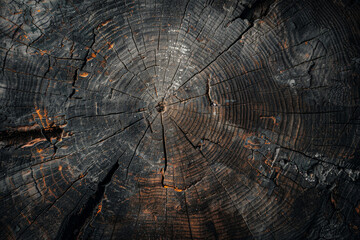 Fototapeta premium Dark Background with Close-Up of Tree Trunk with Detailed Ring Patterns and Cracks for Rustic Style