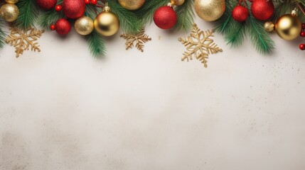 Christmas Eve concept. Top view photo of red green and gold baubles star ornaments and pine branches in hoarfrost on isolated beige background with empty space in the middle