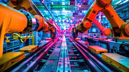 Industrial robot arms. Future of automated manufacturing. Revolutionizing assembly line work with ai and robotic technology in modern factories.