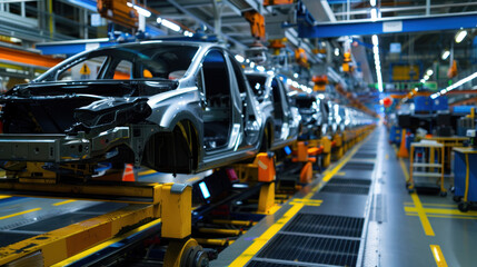 Automotive assembly line. Automobile factory. Car service industry. Modern technology vehicle manufacturing. Robotic machinery automated production. Industrial engineering automation control.