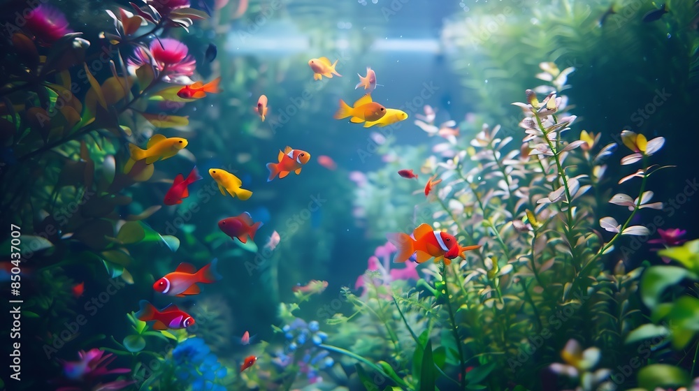 Wall mural Aquarium with plants and tropical colorful fishes : Generative AI