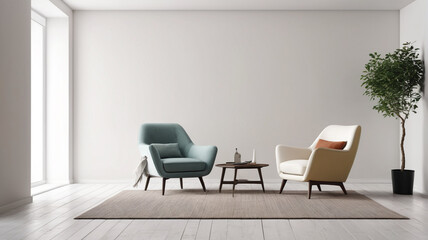 An inviting minimalist living room setup featuring an armchair positioned against a pristine white wall, creating a serene and tranquil ambiance, Generative AI