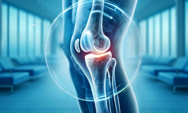 A futuristic, X-ray style depiction of a knee joint with glowing blue highlights, set against a blurred medical background