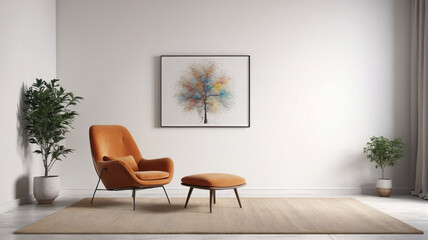 A serene living room setup with a minimalist armchair against a white wall background, accentuating clean lines and understated elegance, Generative AI