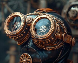 Steampunk goggles with gears, metallic textures, dark tones, industrial design