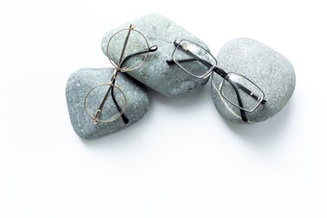 Eye glasses with different lenses, top view. Eyes healthcare concept