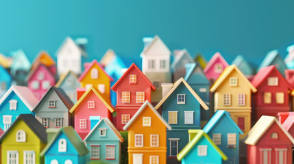 Fototapeta premium Colorful houses blue background. Abstract modern futuristic shape, colourful creativity in structure. Wide color with copy space. Interior design element. Simplicity. Geometric scene in architectural.