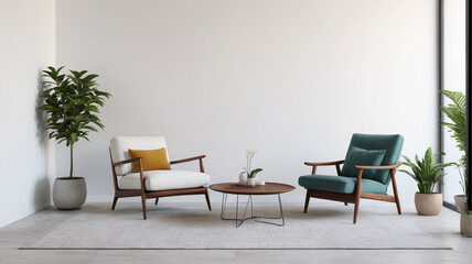 A chic minimalistic living room arrangement featuring an armchair against a pristine white wall, offering a calming and inviting space for relaxation, Generative AI