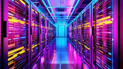 Obraz premium Futuristic server room with neon lights. Glowing matrix modern technology and cyberspace. Illuminated hardware future. Confident achievement in computer science and network security.