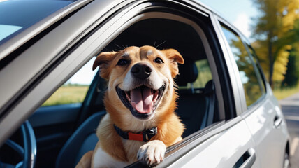 A delighted dog enjoying a car ride with its head out of the window, a big smile on its face, reveling in the sensory delights of the passing scenery, Generative AI