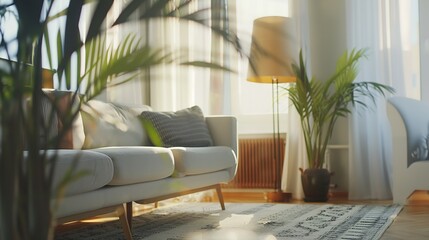 Aesthetic modern Scandinavian home interior design Elegant living room with comfortable sofa midcentury furniture cozy carpet wooden floor white walls home plants : Generative AI