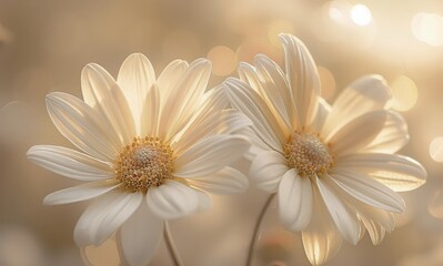 Naklejka premium Two White Daisies Blooming in Warm Sunlight